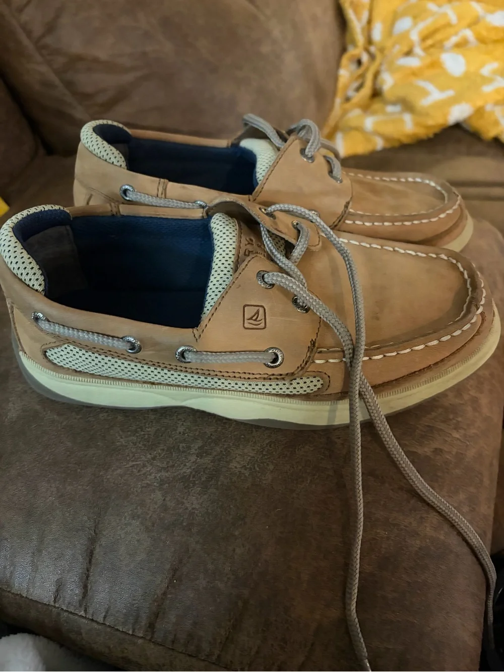 Kids Tan Leather Moccasin Boat Shoes with Navy Lining